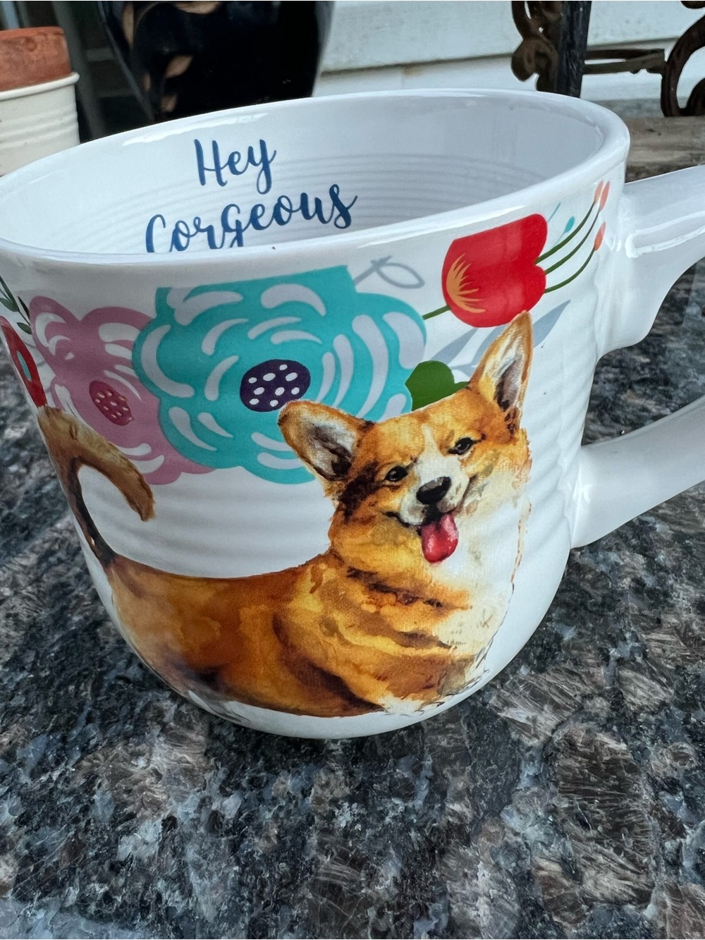 St. Nicholas Square White Ceramic Corgi Mug with Colorful Floral Design